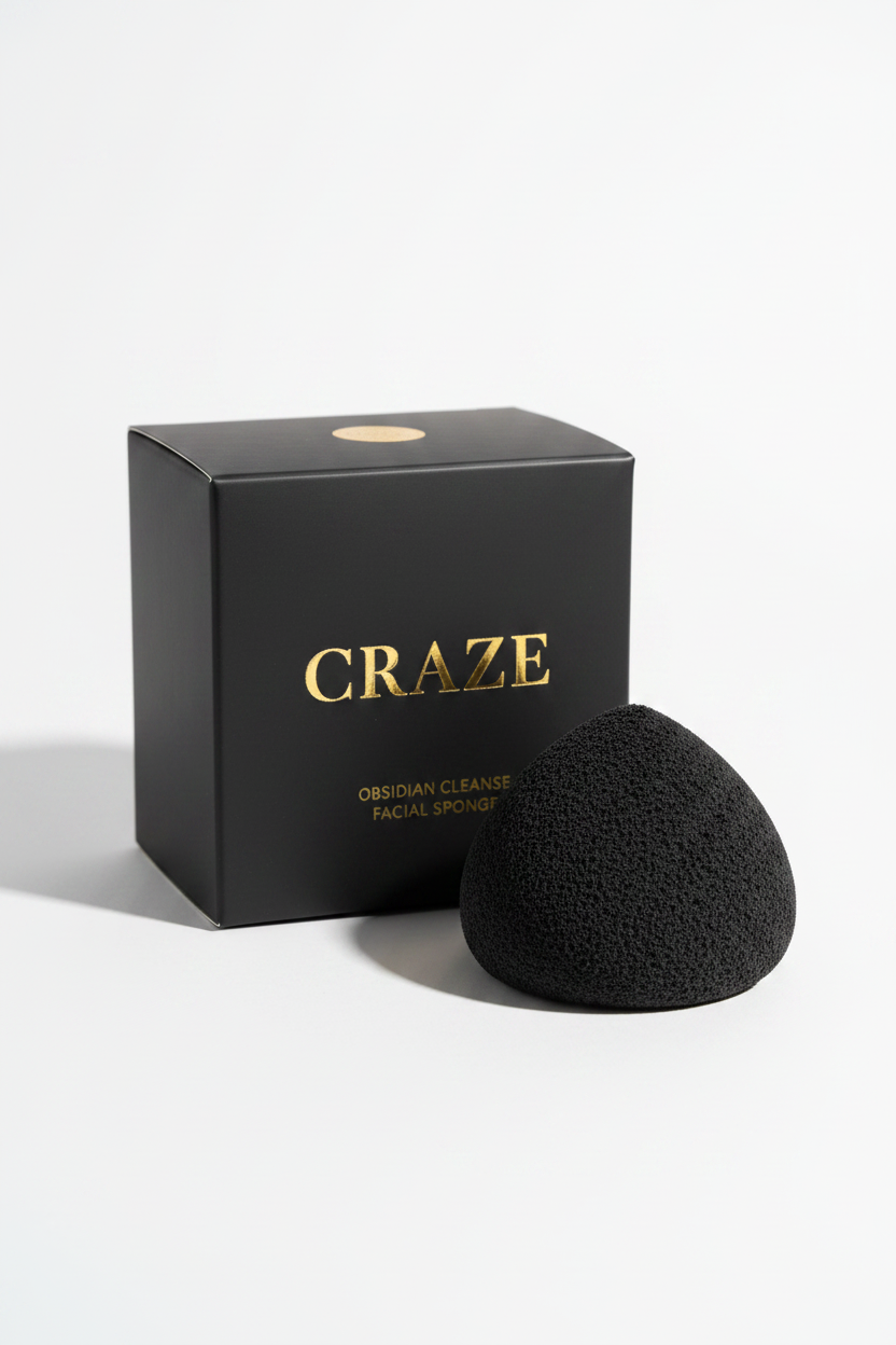 CRAZE Obsidian Cleanse charcoal facial sponge with matte black box