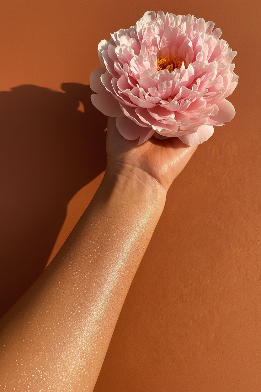 CRAZE Rosée d'Or Shimmer Body Oil rose-gold shimmer on skin lifestyle shot with pink peony
