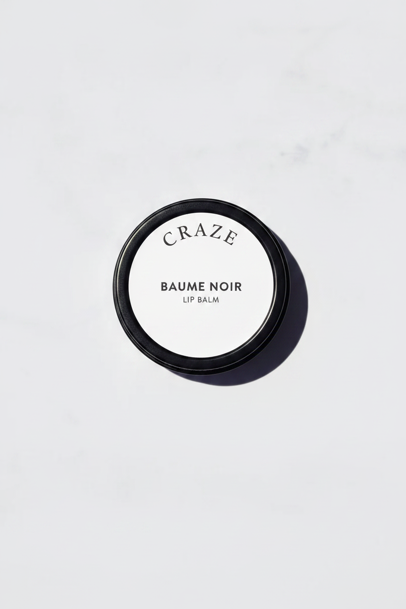 CRAZE Baume Noir Lip Balm matte black tin closed top-down view