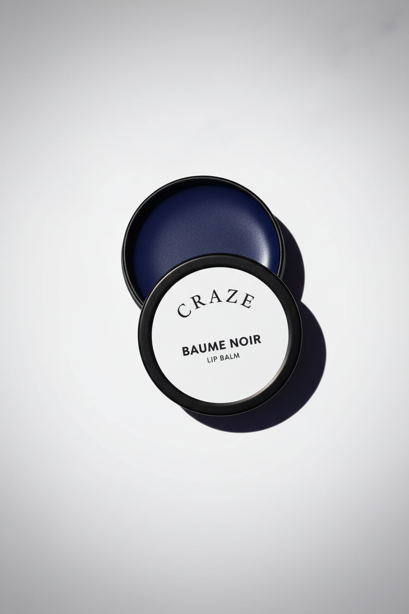 CRAZE Baume Noir Lip Balm matte black tin open showing midnight-blue tinted balm interior