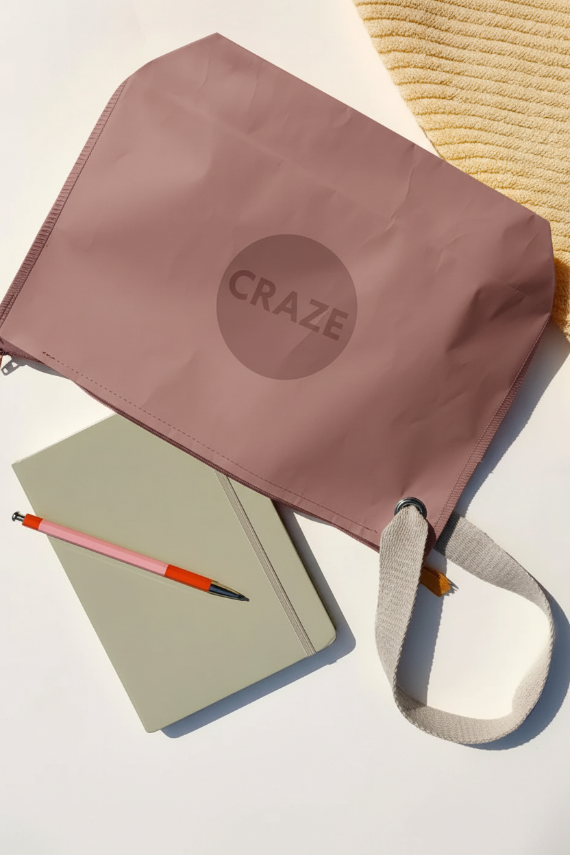 CRAZE Dusk Travel Pouch flat lay with notebook, pen and straw hat