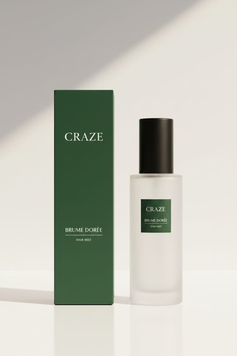 CRAZE Brume Dorée Hair Mist bottle with deep forest green gift box