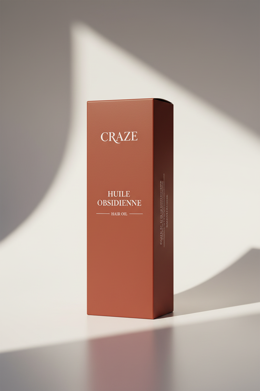 CRAZE Huile Obsidienne Hair Oil deep terracotta-rust box packaging 3/4 angle view