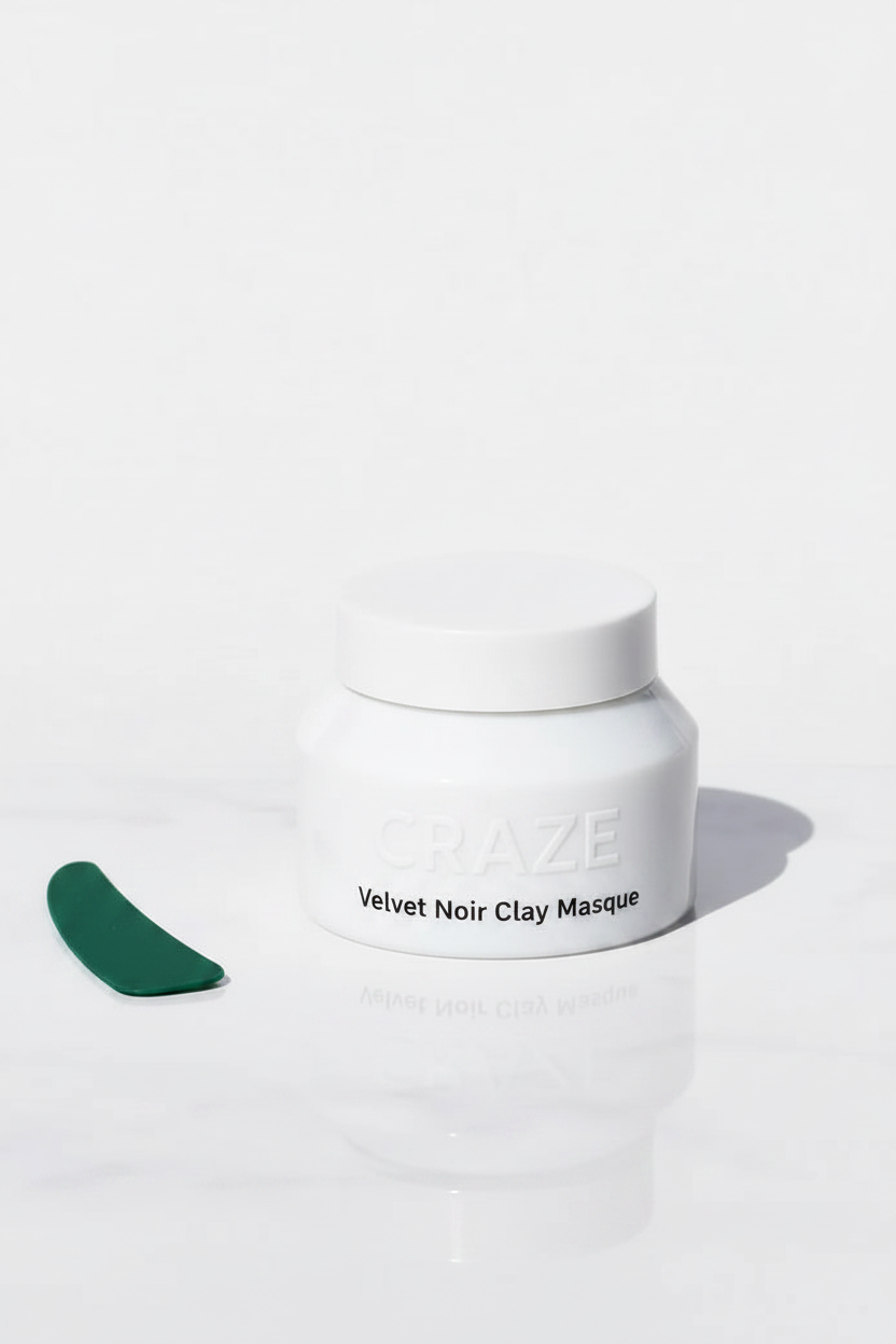 CRAZE Velvet Noir Clay Masque white jar with forest green spatula