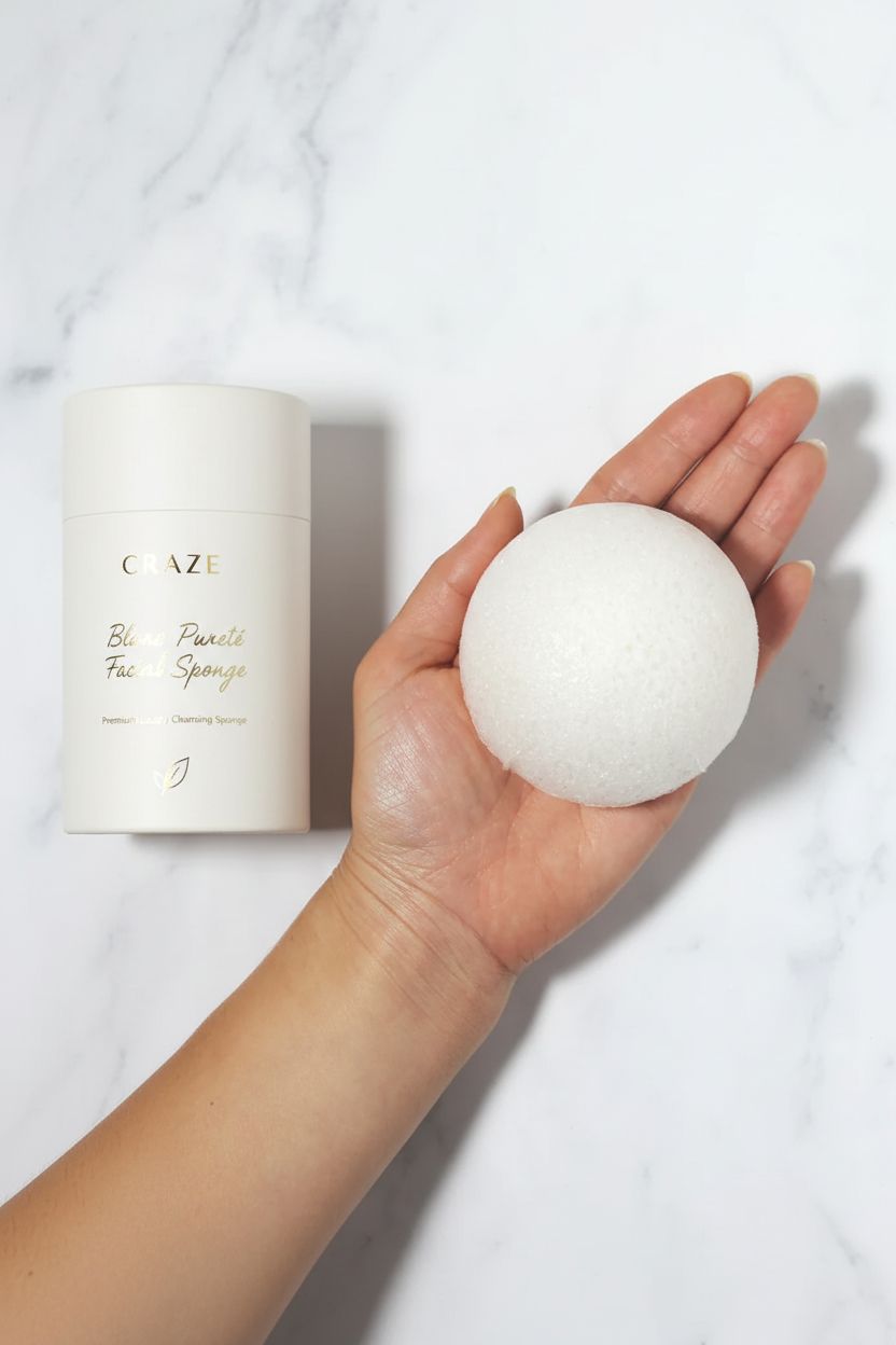 CRAZE Blanc Pureté ivory facial sponge held in palm