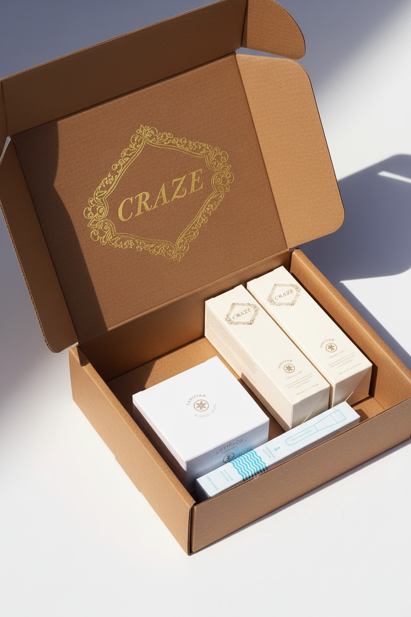 CRAZE Aurore Essentials Collection open cognac gift mailer box showing products inside