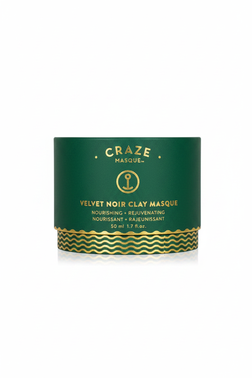 CRAZE Velvet Noir Clay Masque cylindrical box packaging, front view