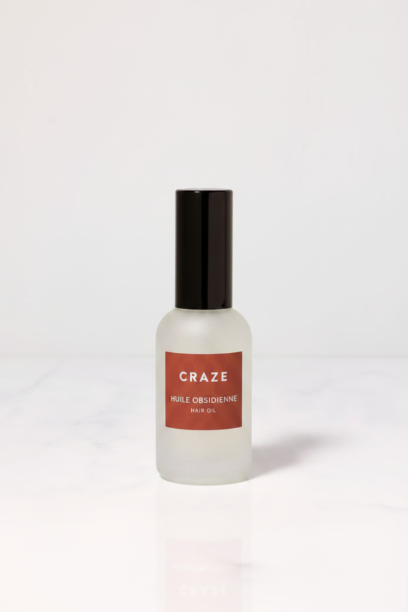 CRAZE Huile Obsidienne Hair Oil matte white frosted glass bottle with glossy black cap