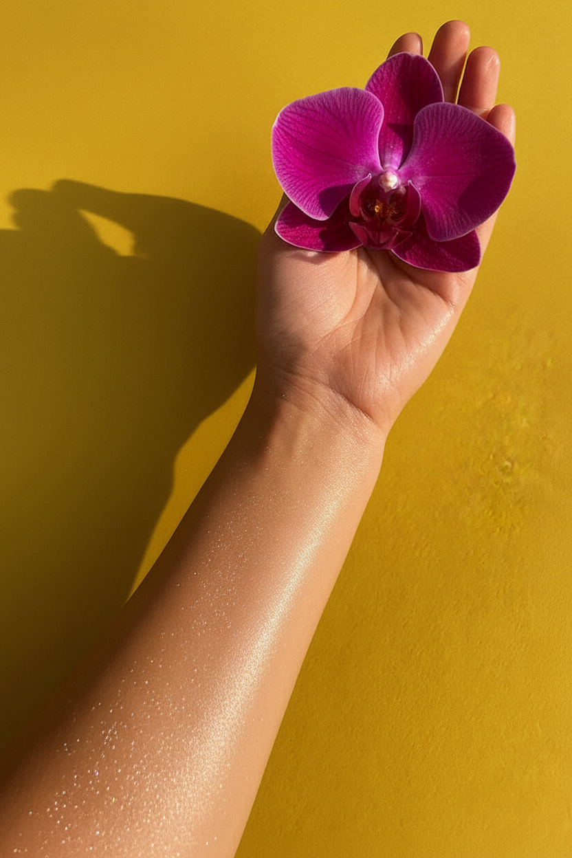 CRAZE Éclat Violet Shimmer Body Oil luminous violet-silver shimmer on skin lifestyle shot with purple orchid