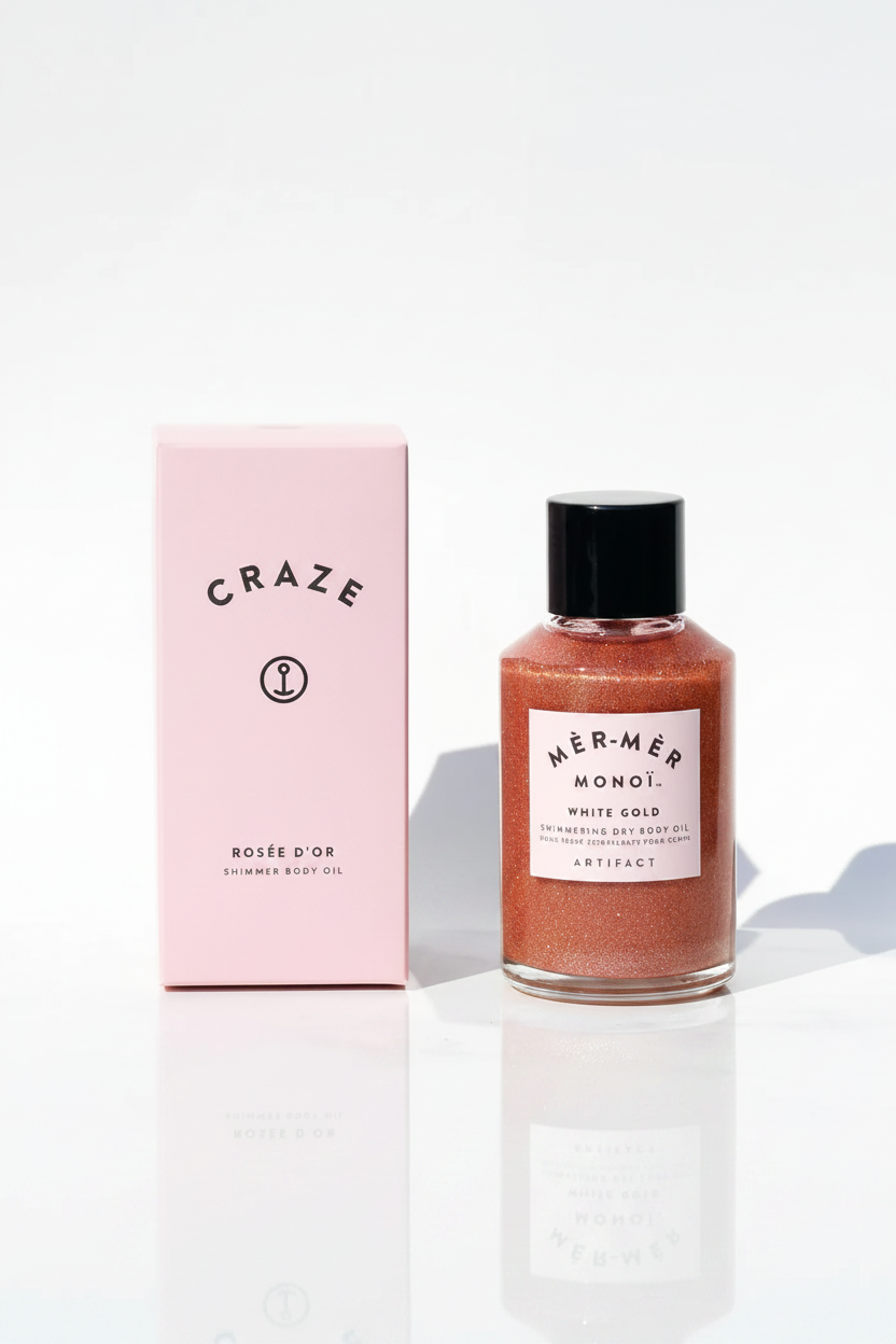 CRAZE Rosée d'Or Shimmer Body Oil bottle with matte blush-rose gift box