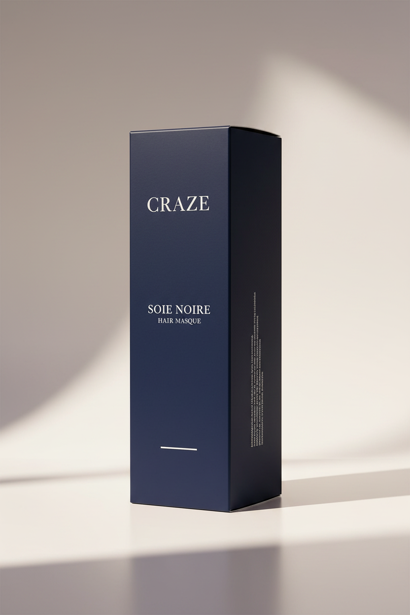 CRAZE Soie Noire Hair Masque deep navy-blue box packaging 3/4 angle view