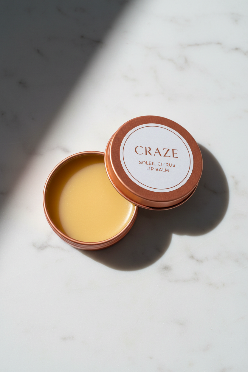 CRAZE Soleil Citrus Lip Balm opened tin showing golden-yellow balm inside
