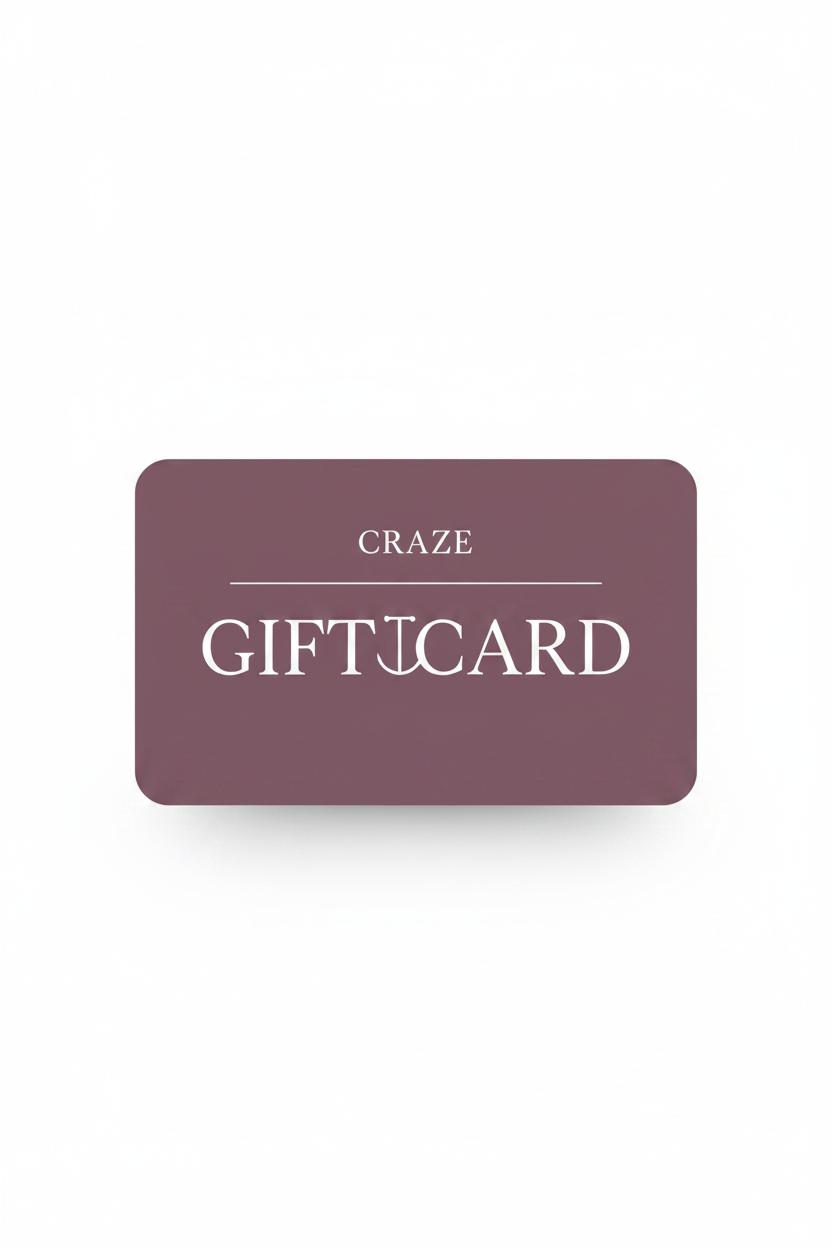 CRAZE Gift Card in deep dusty mauve with gold lettering on white background