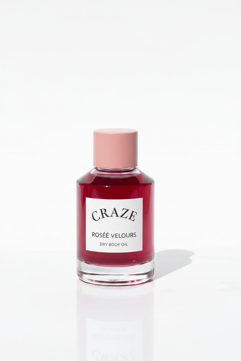 CRAZE Rosée Velours Dry Body Oil clear glass bottle with ruby-rose oil