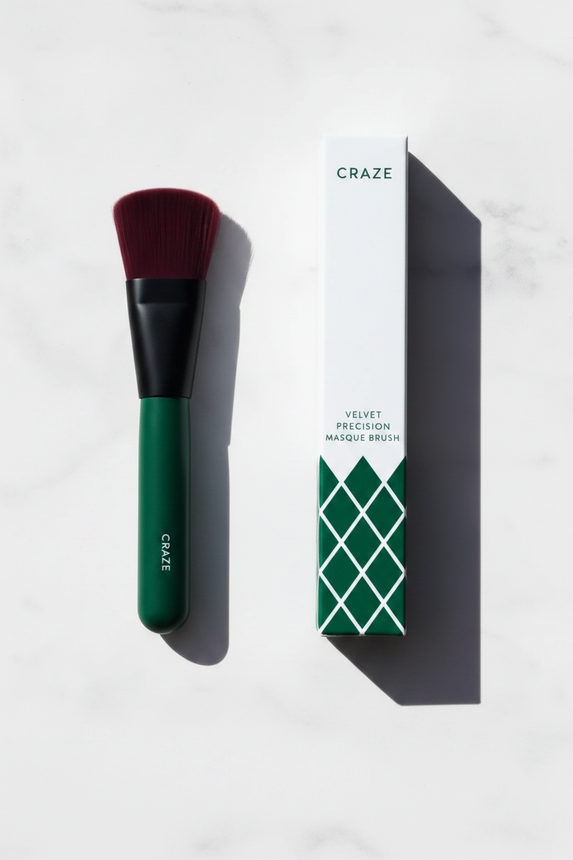 CRAZE Velvet Precision Masque Brush with forest green handle and box flat lay