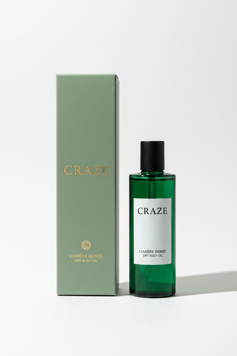 CRAZE Lumière Dorée Dry Body Oil bottle with sage green gift box packaging