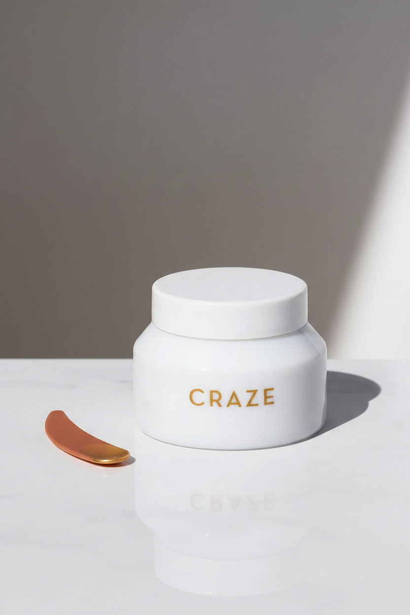 CRAZE Terra Mud Masque white jar with terracotta gold spatula lifestyle shot