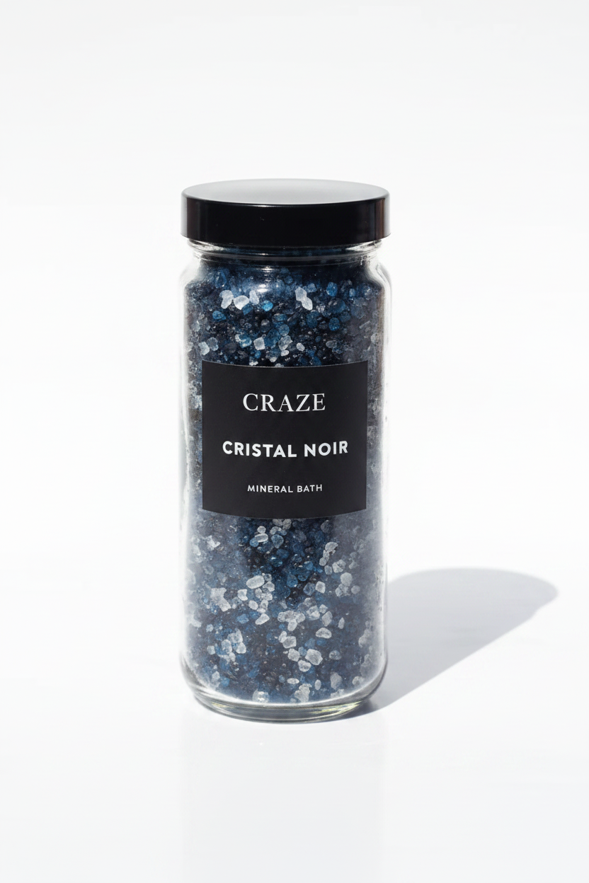 CRAZE Cristal Noir Mineral Bath midnight-blue and silver-white crystals in large clear glass jar