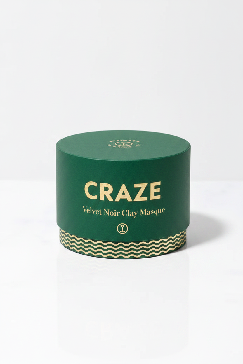 CRAZE Velvet Noir Clay Masque cylindrical box packaging, angled view