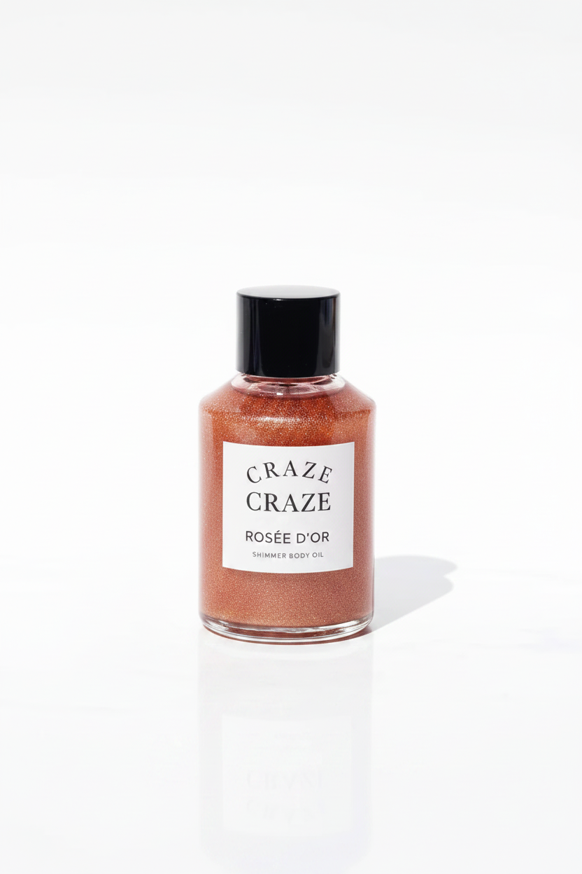 CRAZE Rosée d'Or Shimmer Body Oil small clear glass bottle with rose-gold shimmer oil