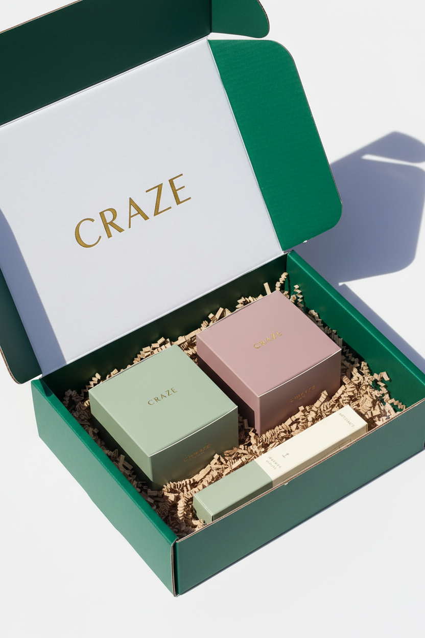 CRAZE Lumière Duo Ritual Set open gift mailer box showing interior contents