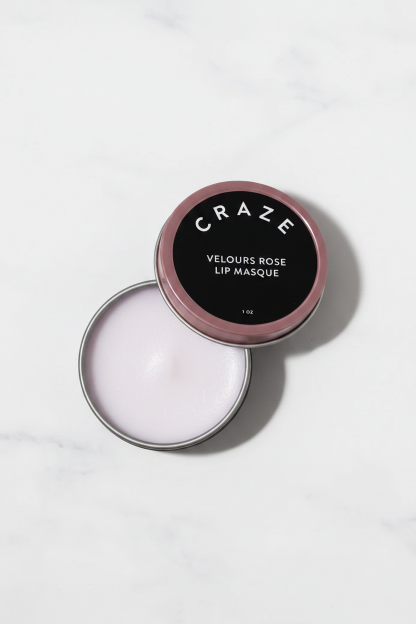 CRAZE Velours Rose Lip Masque opened tin showing pale lavender-white masque inside