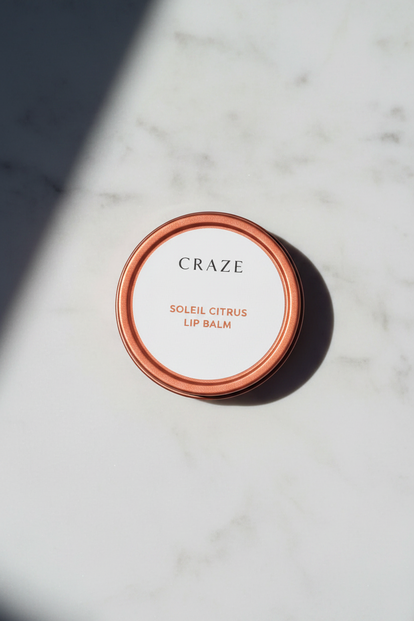 CRAZE Soleil Citrus Lip Balm closed terracotta matte tin overhead view