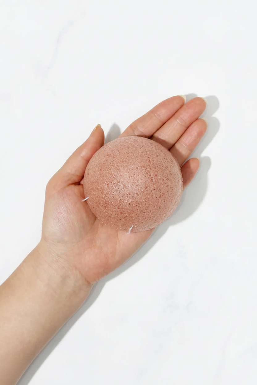 CRAZE Rosé Glow pink facial sponge held in palm