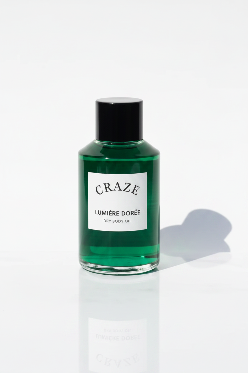 CRAZE Lumière Dorée Dry Body Oil clear glass bottle with emerald green oil