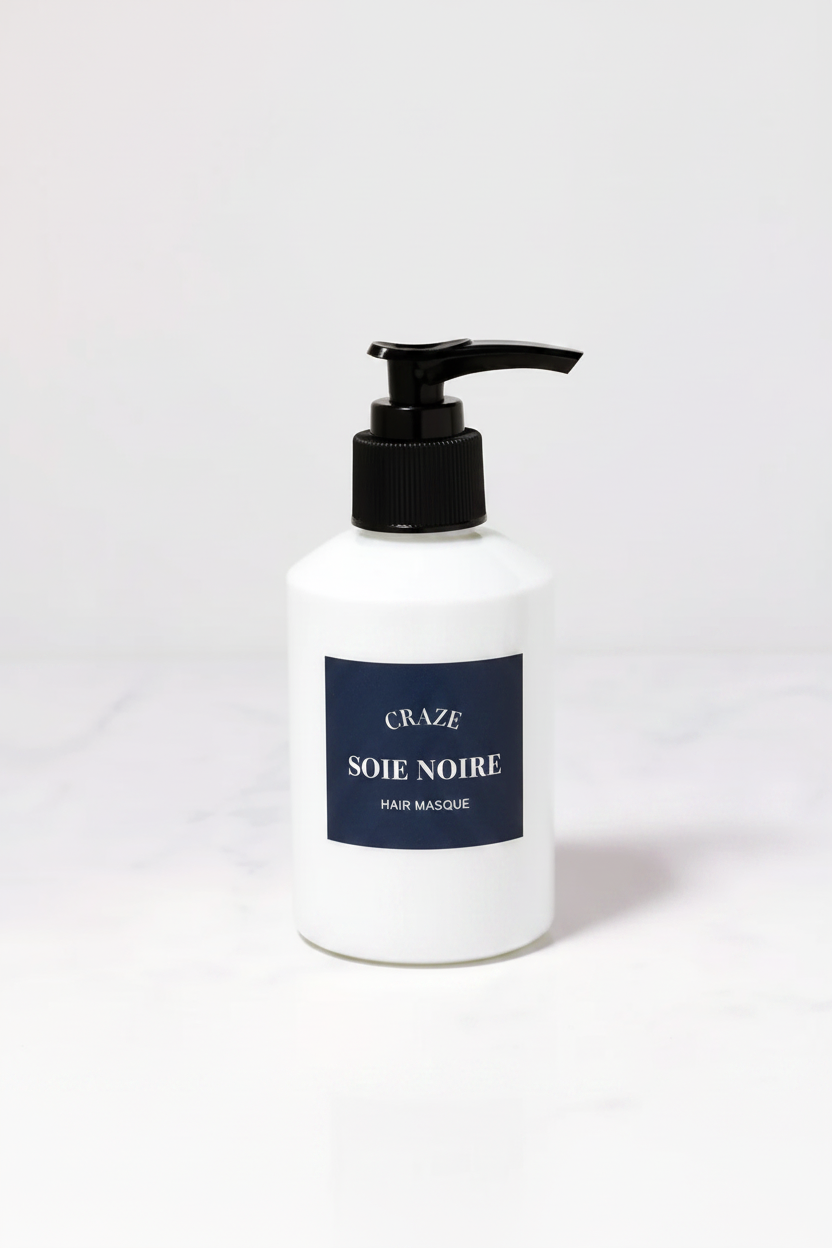 CRAZE Soie Noire Hair Masque matte white pump bottle with navy-blue label