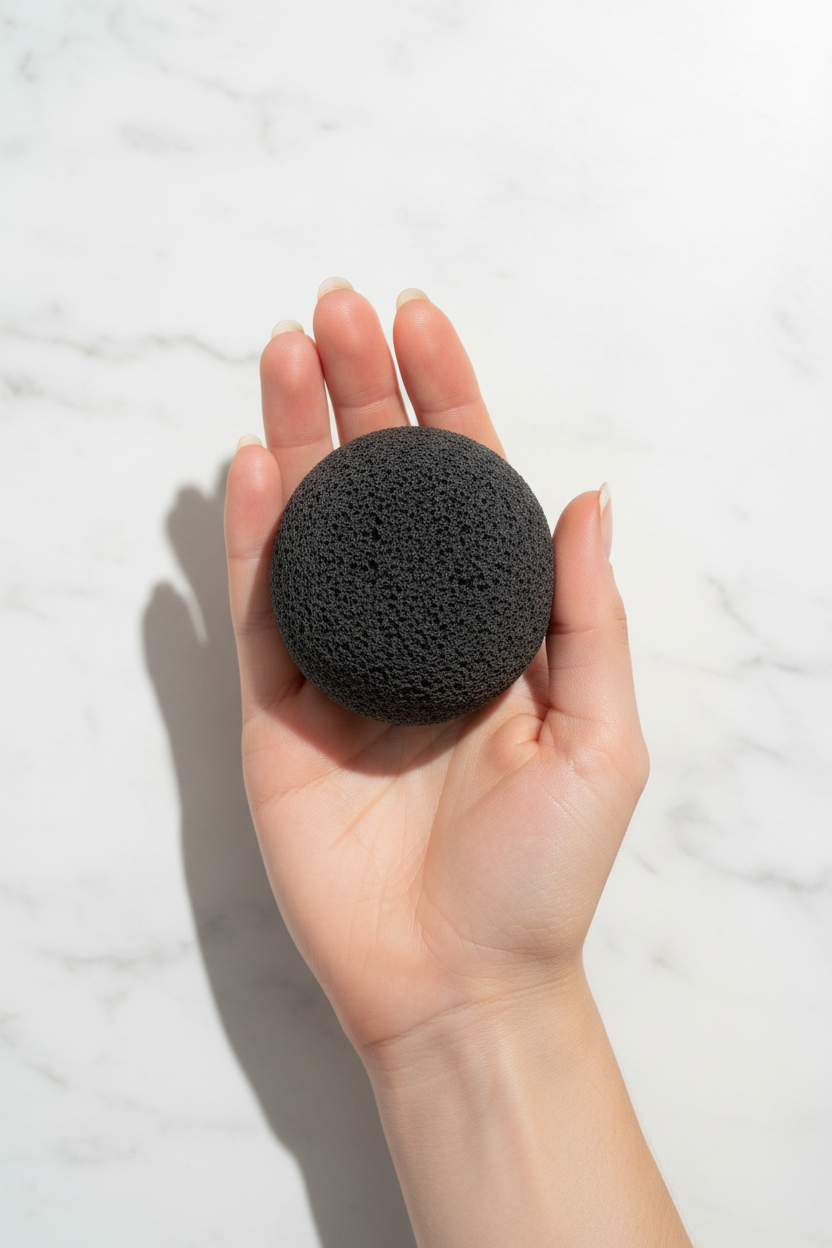 CRAZE Obsidian Cleanse charcoal facial sponge held in palm