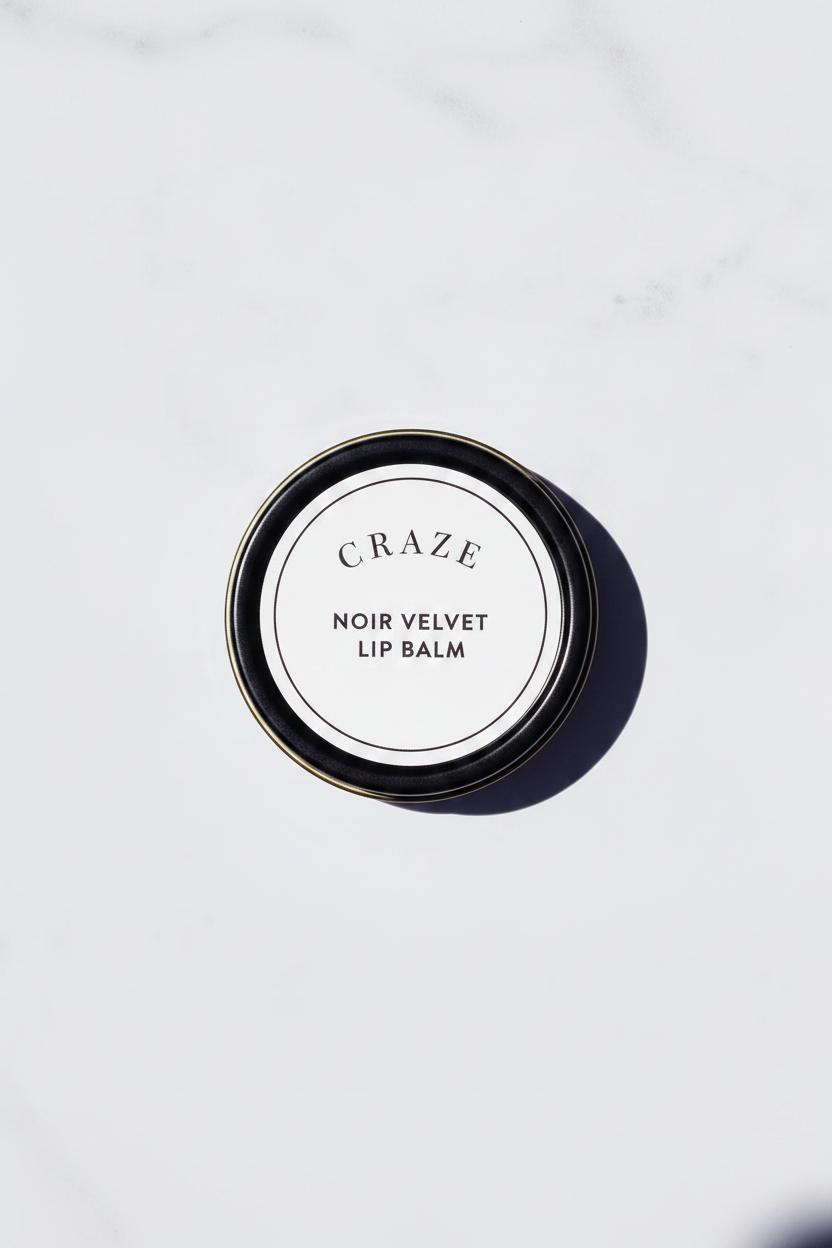 CRAZE Noir Velvet Lip Balm closed matte black tin overhead view