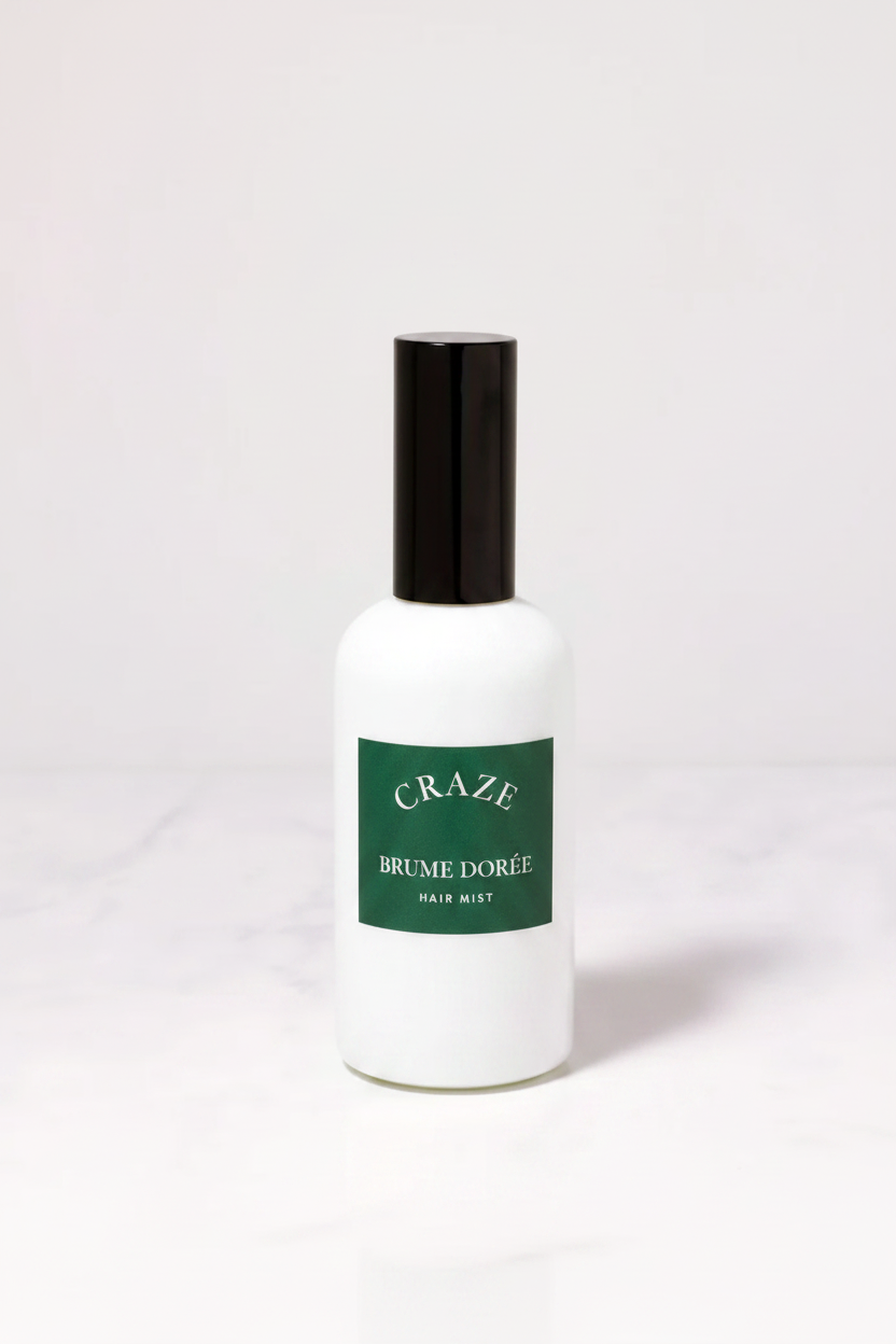 CRAZE Brume Dorée Hair Mist matte white frosted glass spray bottle with black cap