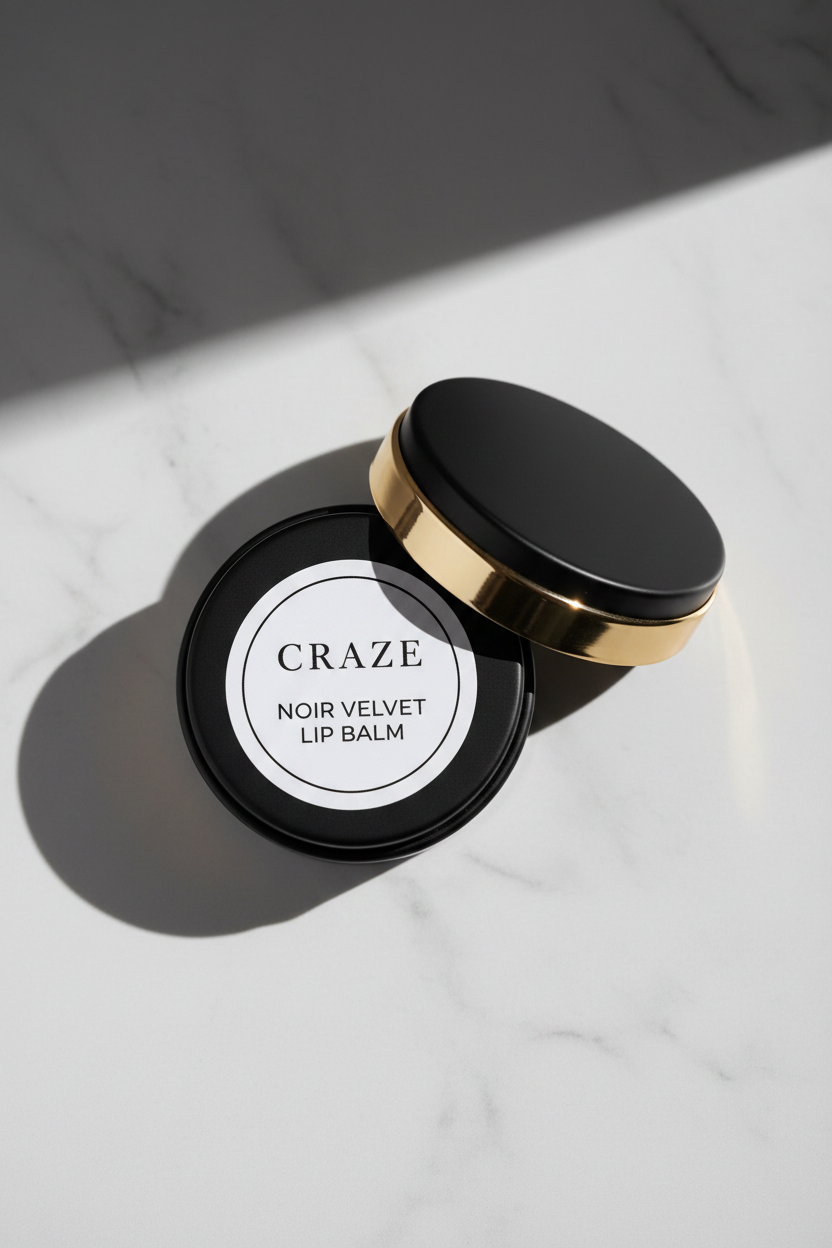 CRAZE Noir Velvet Lip Balm opened tin showing pale rose balm inside