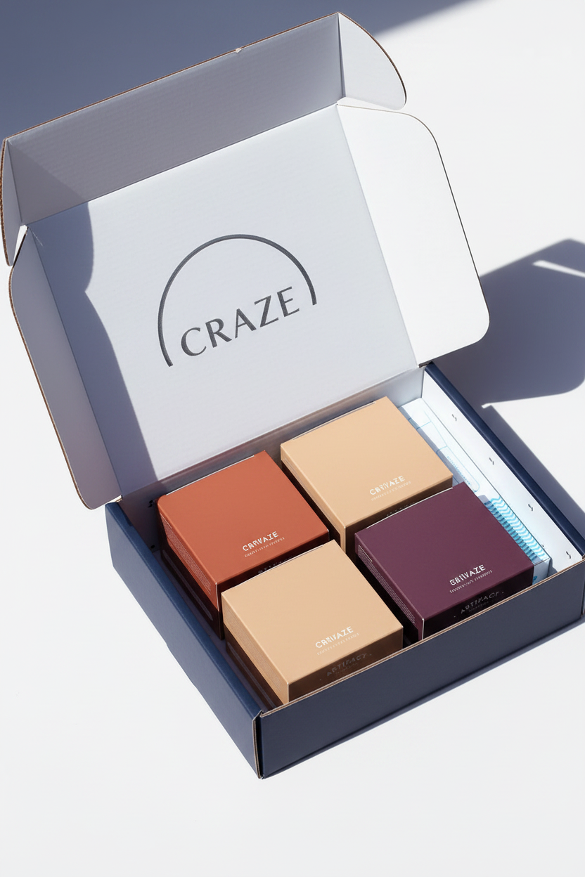 CRAZE Soleil Trio Ritual Set open navy gift mailer box showing three product boxes inside