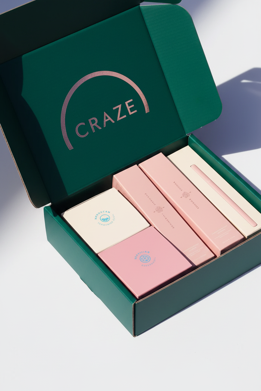 CRAZE Rosée Essentials Duo open emerald gift mailer box showing products inside