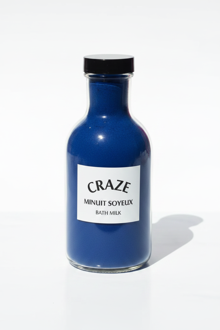 CRAZE Minuit Soyeux Bath Milk midnight-blue powder in large clear glass milk bottle