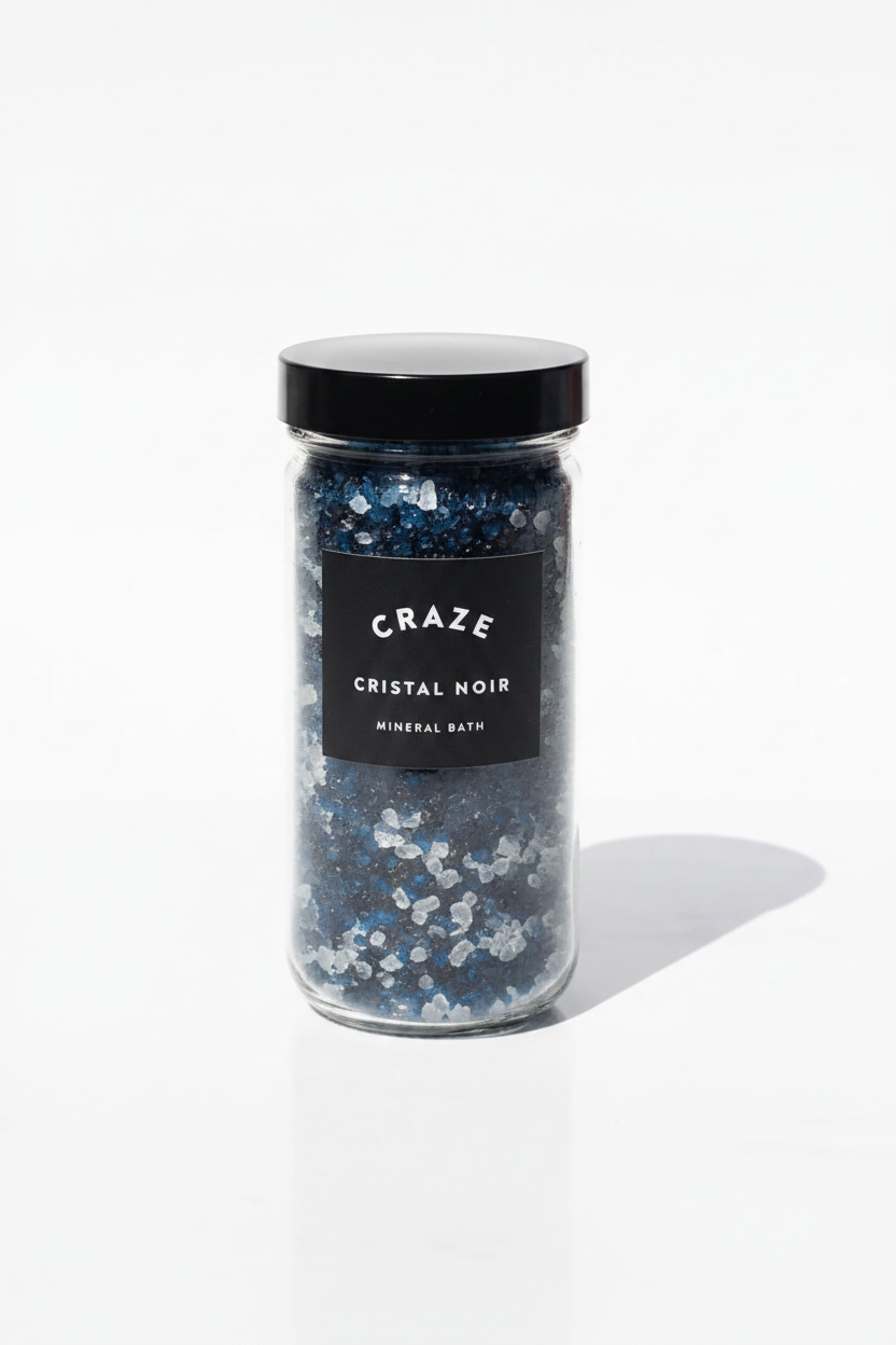 CRAZE Cristal Noir Mineral Bath midnight-blue and silver-white crystals in small clear glass jar