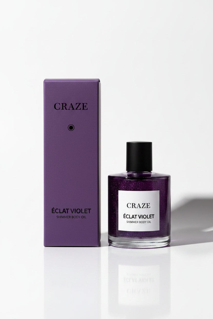 CRAZE Éclat Violet Shimmer Body Oil bottle with deep violet-purple gift box