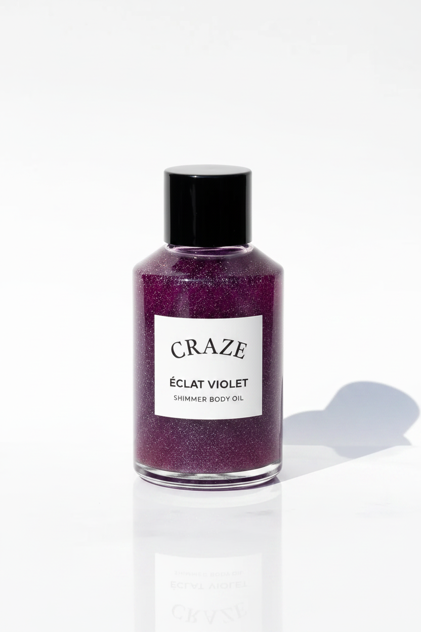CRAZE Éclat Violet Shimmer Body Oil clear glass bottle with violet-purple shimmer oil